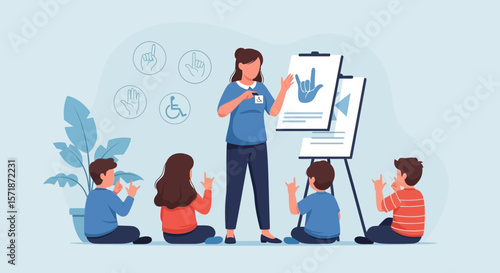 Accessible Education Teacher Teaches Children Sign Language in a Classroom