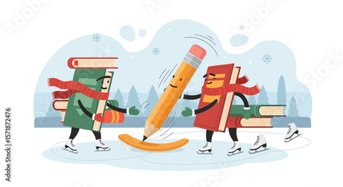 Festive Wintertime Education: Cartoon Books and Pencil Enjoying Ice Skating Together