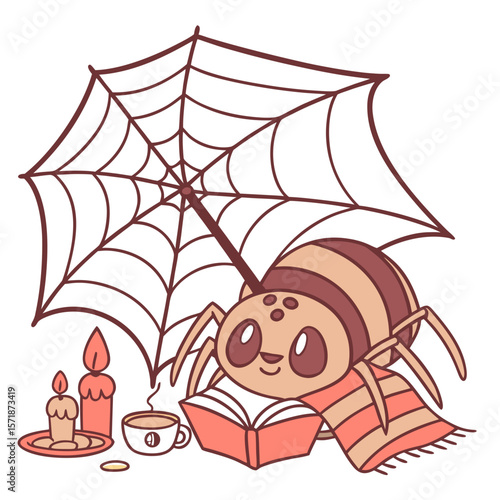 Cute Shy Spider, accessorized with under an umbrella, in a Christmas world – Warm Cozy palette vector