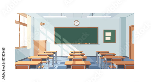 Empty Classroom Illustration With Chalkboard Desks And Sunlight Shining Through Window