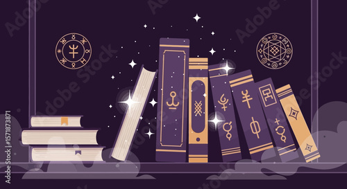 Enchanted Library Magic Books Stack On Shelf Fantasy Knowledge Background Illustration