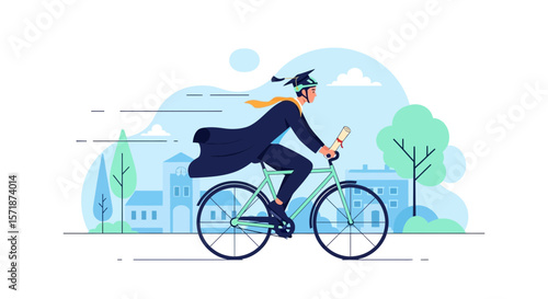 Celebrating Graduation Pedaling With Certificate In Cityscape Background Illustration