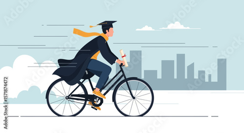 Energetic Graduate Rides Bicycle Towards A Bright Future In Urban Landscape