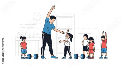 Fitness Class With Children And Their Coach Practicing Warm Up Exercises At Home