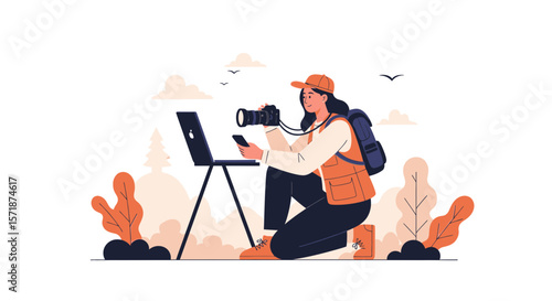 Adventurous Photographer Working With A Camera and Laptop In An Outdoor Setting