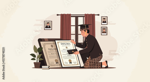 Celebrating Graduation Young Indonesian Man Poses with Diploma In Traditional Outfit