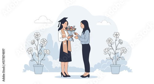Celebrating Graduation Young Woman Receiving Flowers After The Academic Ceremony