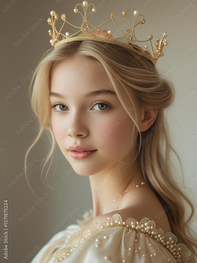 Cute gentle blonde girl in a golden crown, princess, queen, fashion art Cute gentle blonde girl in a golden crown, princess, queen, fashion art