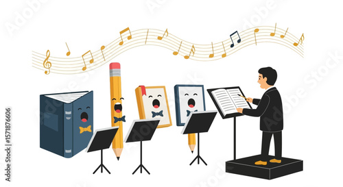 Animated Book Pencil Choir With Conductor Cartoon Ensemble Performing On Stage