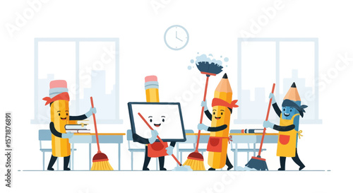 Animated Pencils Clean Up a Classroom Education Concept School Supplies Illustration