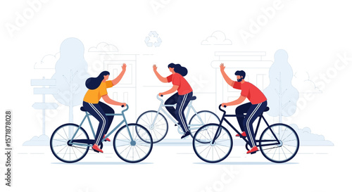 Cheerful Cyclists Ride Bicycles Together Promoting Healthy Lifestyle and Eco Friendly Transportation