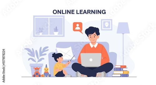 Engaging Home Education Scene Young Learner Interacting With Father On Video Conference