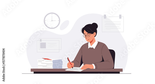 Focused Woman Working At Desk With Papers And Clock At Background