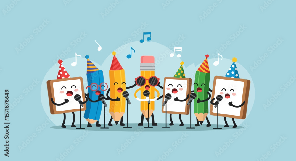 Fototapeta premium Cheerful Pencils And Erasers Sing Together In A Festive Party Setting