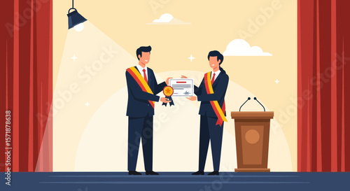 Formal Ceremony Depicting Conferring a Certificate to an Individual on Stage