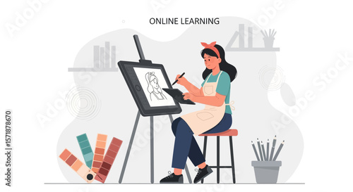 Creative Woman Designing Digital Art with Graphic Tablet at Home Studio