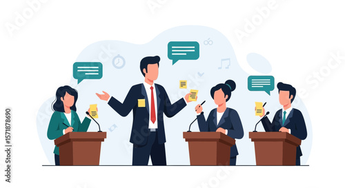 Formal Debate Or Public Speaking Event With Business People Characters