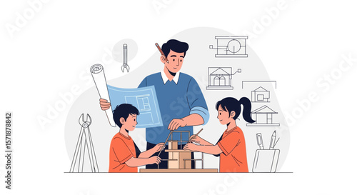 Architectural Design Education Man Overseeing Children Building a Model Structure