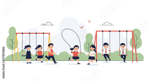 Cheerful School Children Enjoying Outdoor Activities at Playground in Summer Day