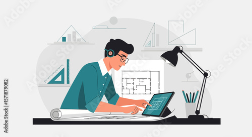 Architectural Designer Working on Tablet During a Home Blueprint Process