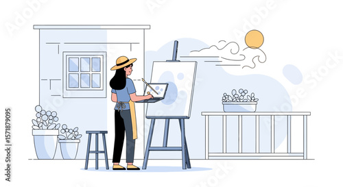 Creative Woman Painting Digitally With Laptop And Brush At Home In Her Backyard