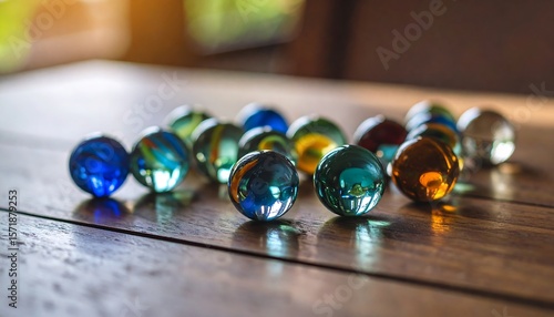 Colorful glass marbles on a wooden table