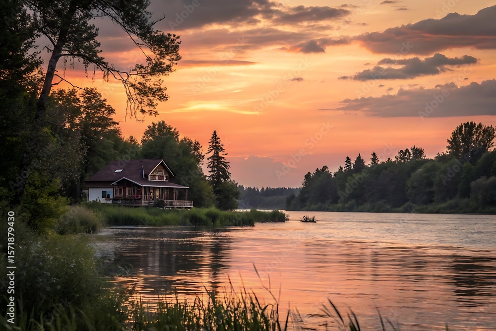Obraz premium Serene Sunset over River, Cozy Cabin Retreat in the Woods, Peaceful Nature Scene