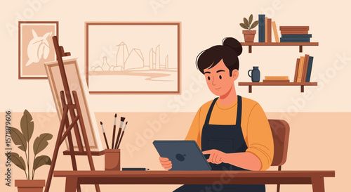 Creative Woman Working With Digital Tablet Surrounded By Artistic Tools