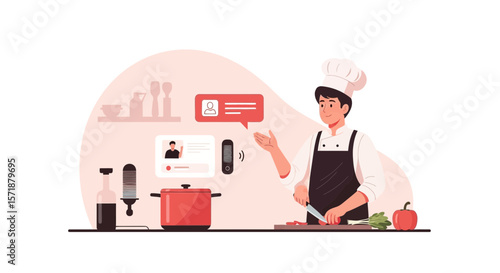 Chef Preparing a Meal While Following Online Culinary Instructions Using Smart Technology