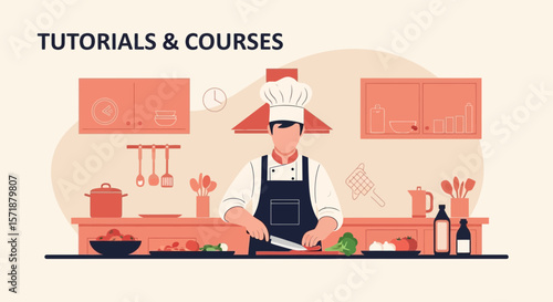 Chef Preparing Delicious Dishes In A Bright Kitchen For Online Cooking Tutorials