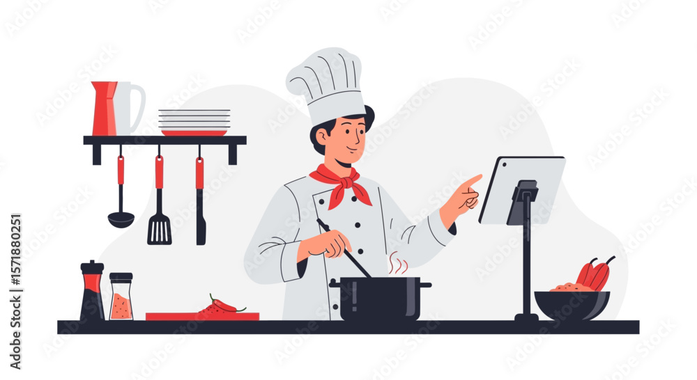 Fototapeta premium Chef Preparing Recipe While Consulting A Digital Tablet In The Kitchen