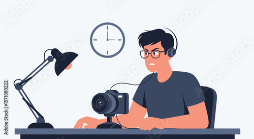 Frustrated Man Behind Desk Editing Photos Trying to Meet a Deadline