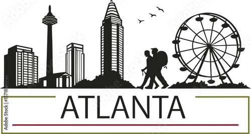 Black silhouette skyline of Atlanta Georgia with Ferris wheel and hikers vector