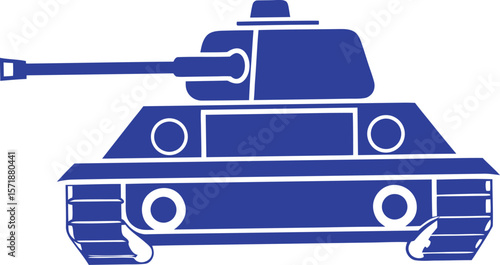 Blue military tank silhouette with white accents and gun barrel extended vehicle army