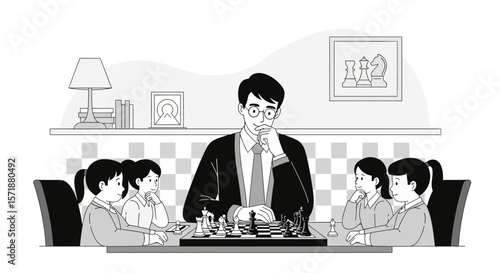 Chess Instructor Teaches Strategy To Young Talents In A Classroom Setting