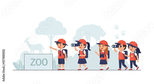 Children Enjoying Educational Trip At Zoo Watching Wild Animals Together