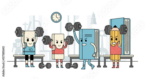 Funny Stationery Cartoon Characters Doing Weightlifting Exercises in the Gym