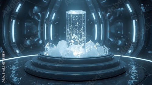 Futuristic cryogenic chamber with glowing ice and a central cylindrical specimen