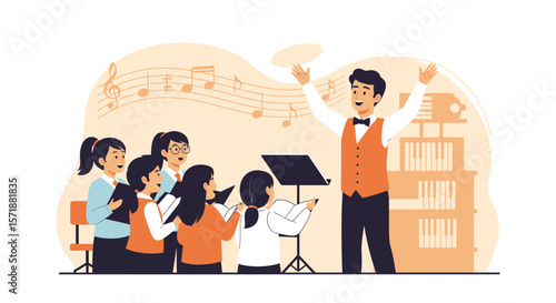Choir Practice With A Conductor Directing The Group In Harmony And Musicality