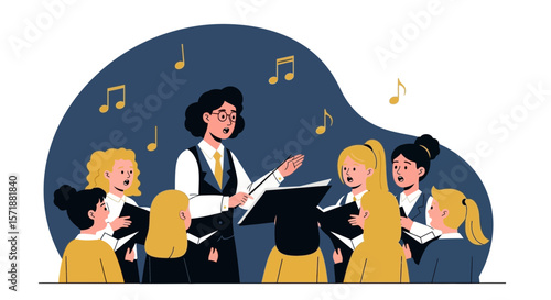 Choir Practice Session With Conductor Directing The Singers Musical Performance