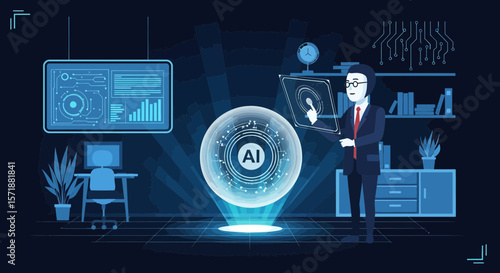 Future Innovation Businessman Utilizing Ai Tech In Office Environment