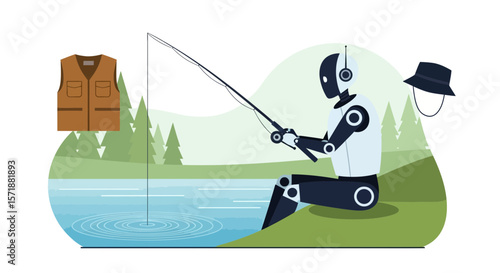 Futuristic Angling Adventures Robot Enjoying A Peaceful Day Fishing By The Lake