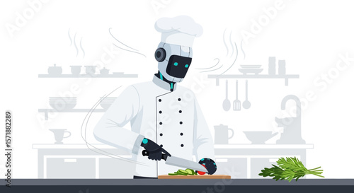 Futuristic Chef The Robot Preparing A Meal In The Kitchen Illustration