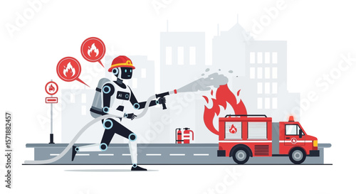 Futuristic Firefighting Ai Robot Rescuing Red Firetruck In Burning City