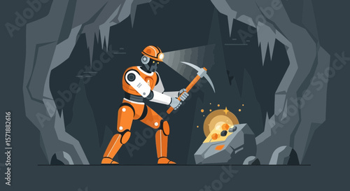 Futuristic Mining Operations Robot Extracting Precious Metals In Underground Cave