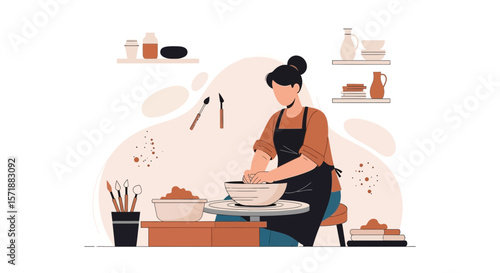 Artistic Woman Working With Clay On Pottery Wheel In A Bright Atelier