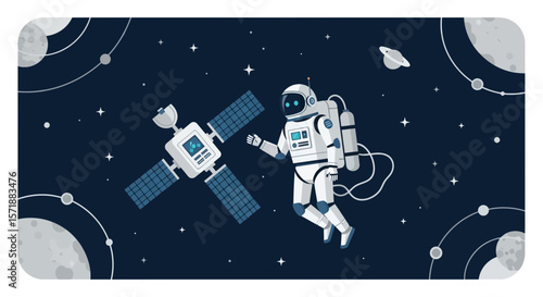 Astronaut And Satellite In Space Exploration Graphic Illustration Artwork