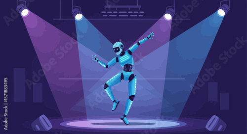 Futuristic Robot Performance In The Spotlight On Stage Performing Dance Movements