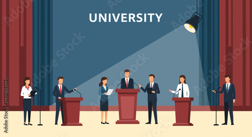 Debate Competition At University With People On A Stage And Spotlights