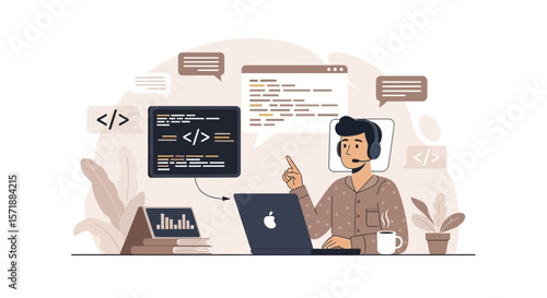 Dedicated Coder At His Desk Working Remotely From Home Using Programming Languages